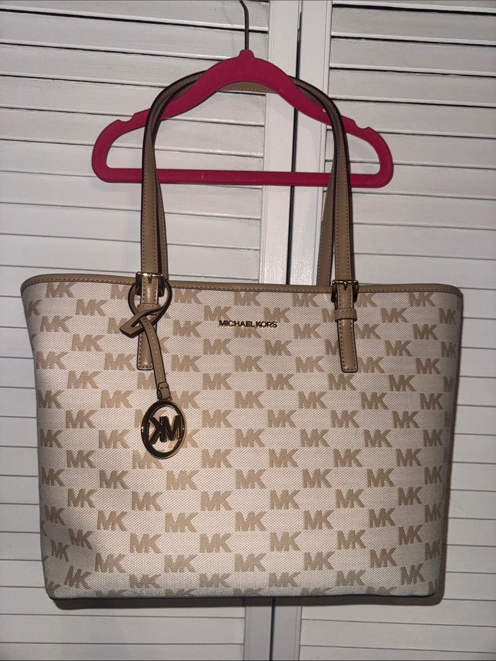 Michael Kors Jet Set Medium Logo Beige Jacquard Tote with Gold MK Charm - NWOT